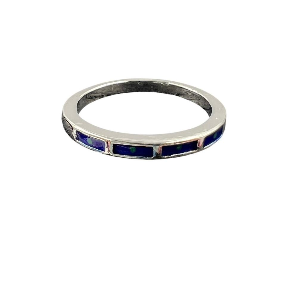 Vintage 90's Silver Tone Simple Classic Band Ring Blue Stones Size 9